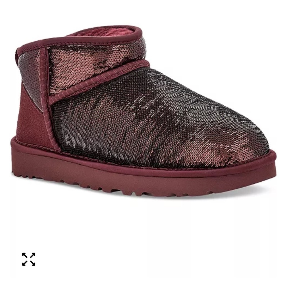NWOT UGG Classic Ultra Mini Mirror Ball Burgundy Sequin Boots-Size 7